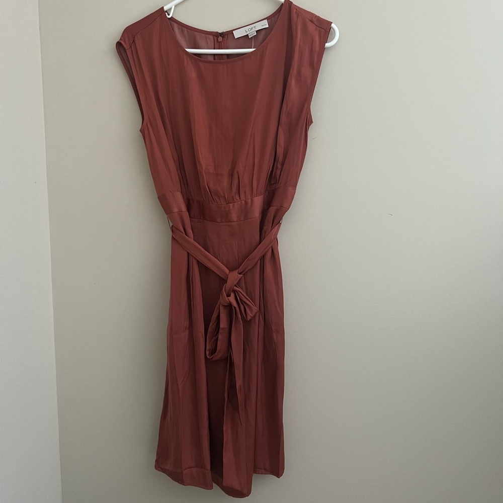 Satin burnt orange Loft dress with sash.